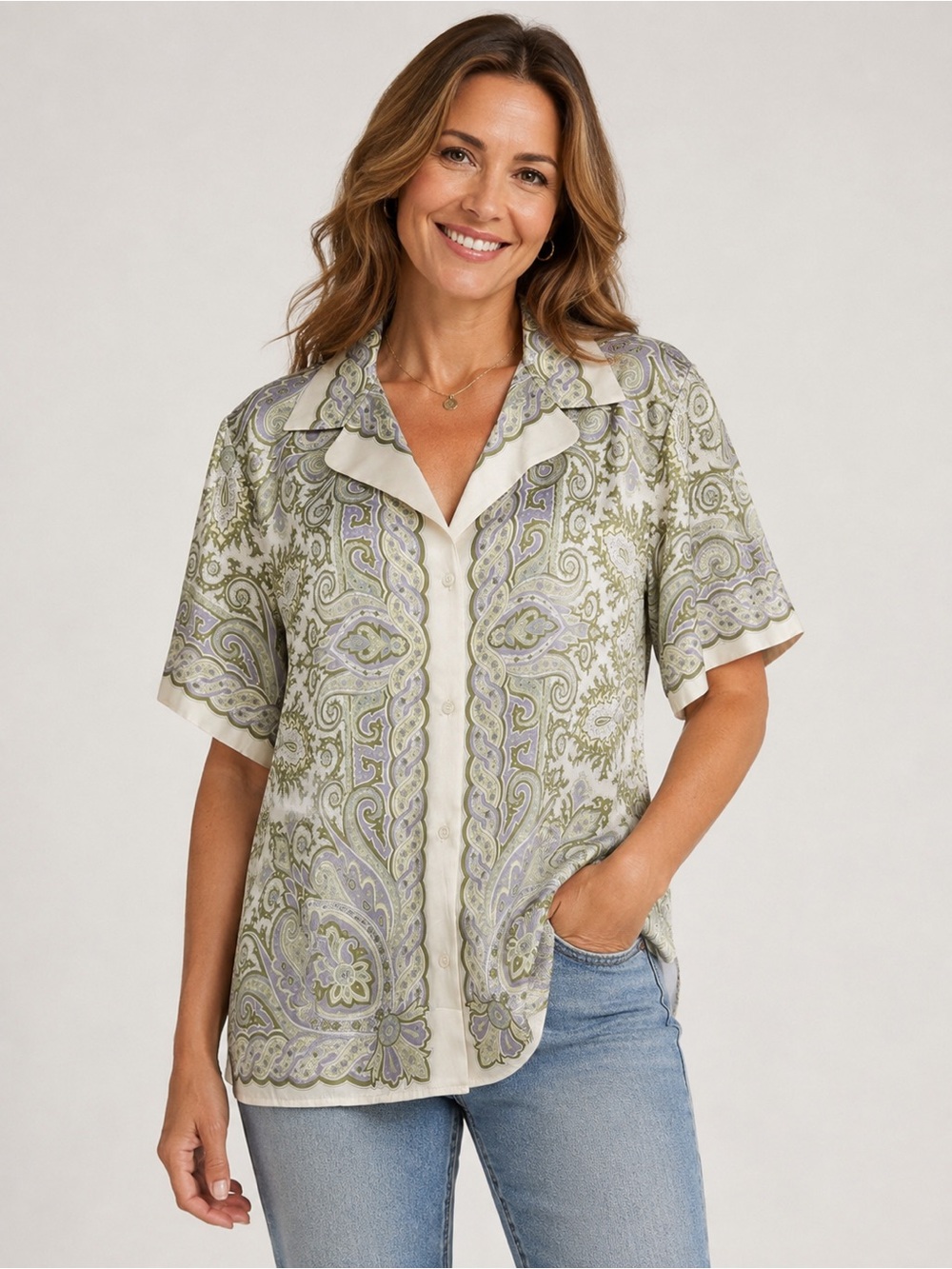 Sandro Green White Floral Baroque Scarf Printed Button Down Liviana Shirt Size 2